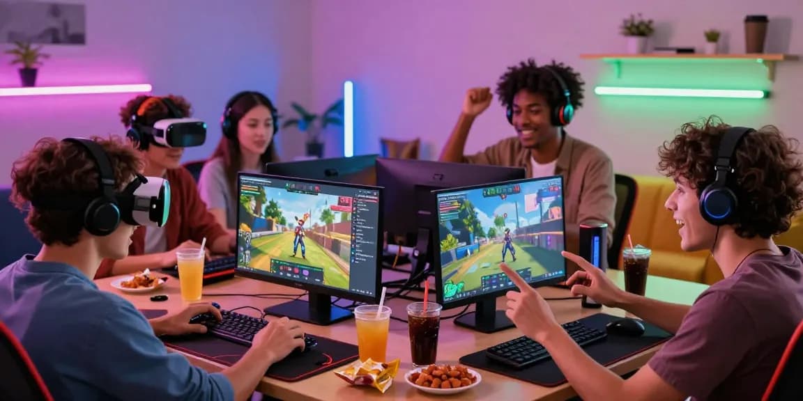 Friends enjoying สล็อตใช้ wallet gaming setup with colorful atmosphere.