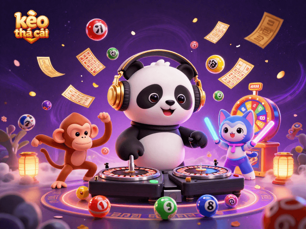 Engage with kèo nhà cái in this vibrant, animated casino scene featuring a DJ panda and dancing characters.