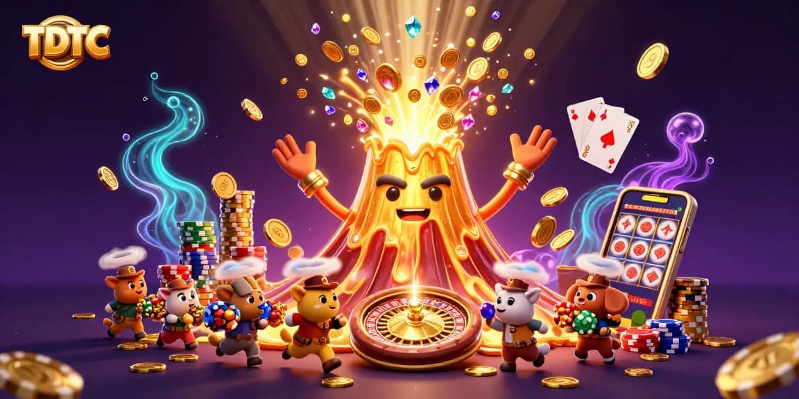 Experience the excitement of TDTC with a vibrant casino scene featuring a golden volcano and treasure.