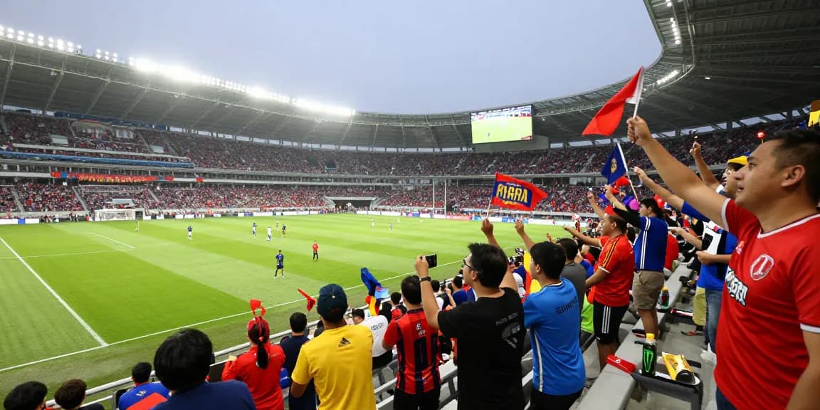 Fans cheering at a live sporting event, شاهد المباريات هنا for real-time excitement and updates.