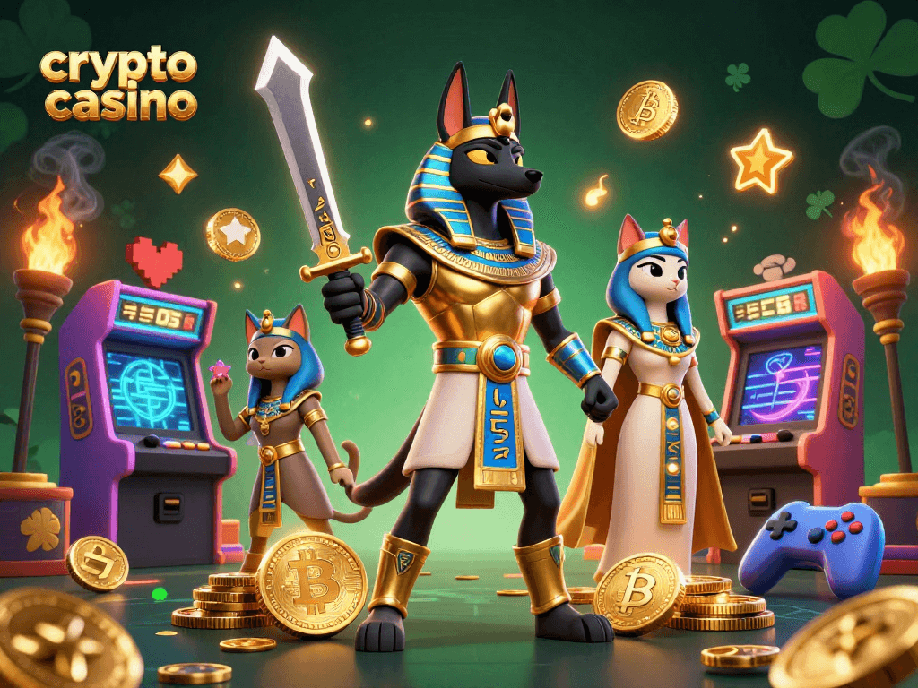 Engage with the vibrant crypto casino world featuring Anubis and Bastet amidst glowing Bitcoin elements.