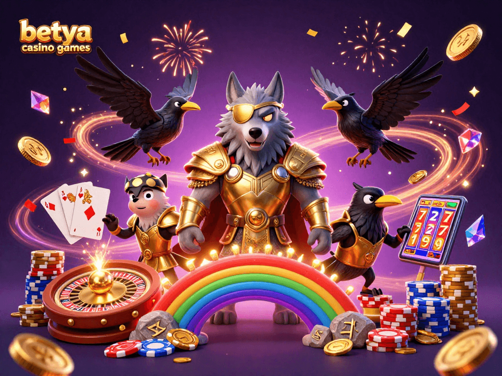 Experience the excitement of betya casino games with Odin and his ravens amidst dazzling casino elements.