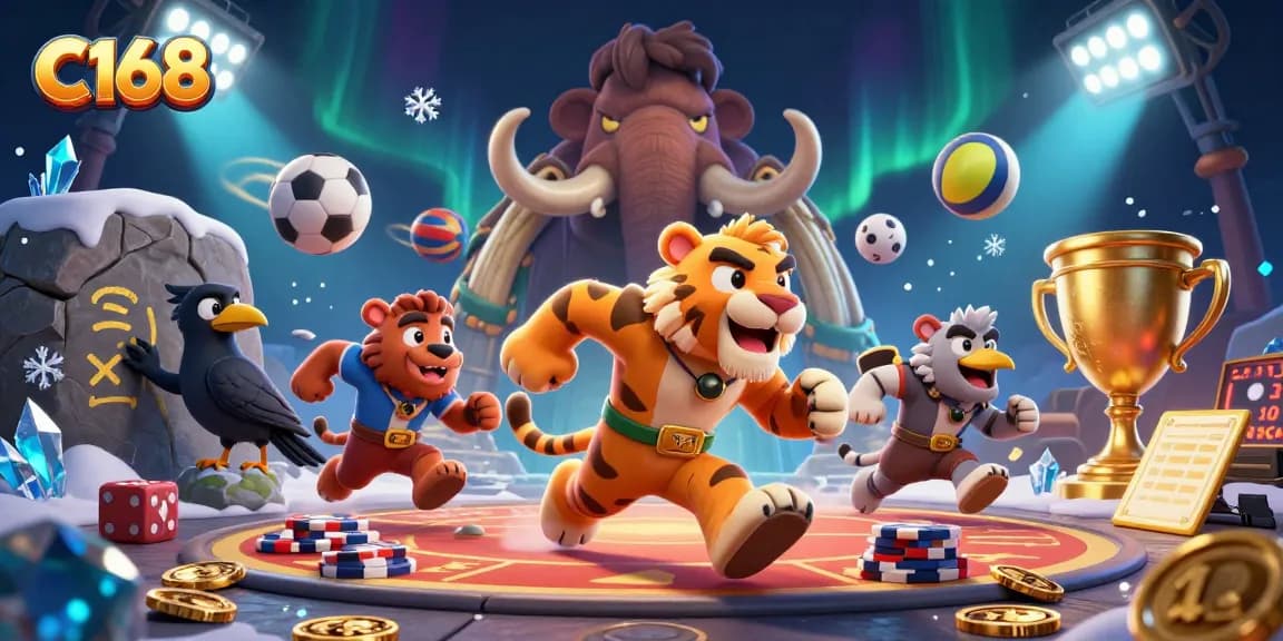 C168 showcases a lively prehistoric casino scene with cavemen and sabertooth tigers playing surrounded by dynamic sports elements.