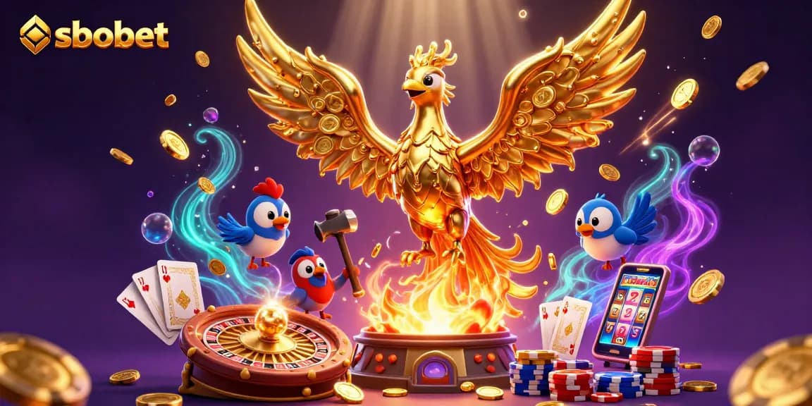 Experience sbobet sports betting excitement with a molten phoenix themed casino illustration.