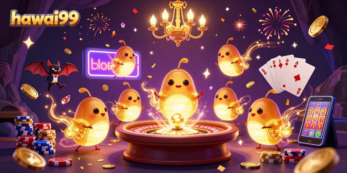 Experience the vibrant hawai99 cave casino with glowing characters and dynamic gambling elements.