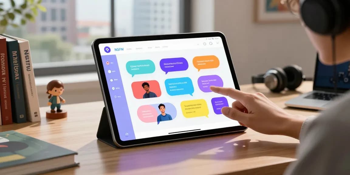 Interactive NSFW AI interface engaging users with colorful characters in a modern workspace.