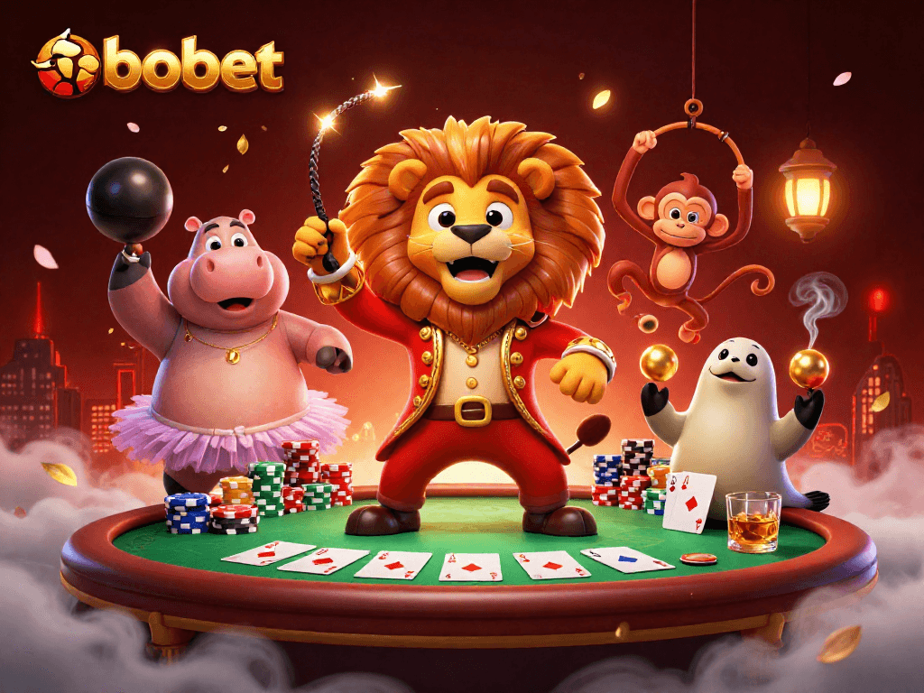 Experience sbobet betting excitement as a lion ringmaster, hippo, monkey, and seal engage in high-stakes action.
