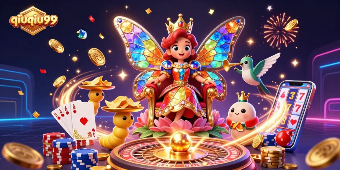 Explore the vibrant qiuqiu99 scene with a butterfly queen amidst casino excitement, featuring stunning visuals and dynamic elements.