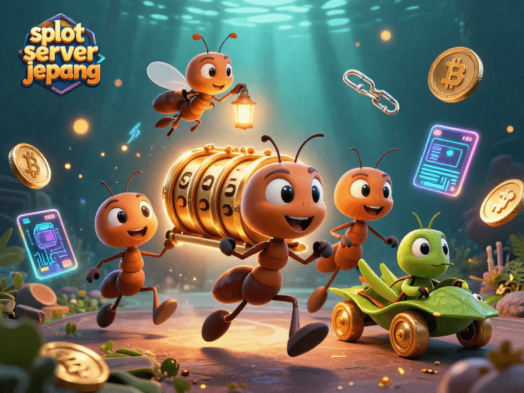 Engage with slot server jepang as ants orchestrate a casino heist showcasing colorful coins and vibrant gaming elements.