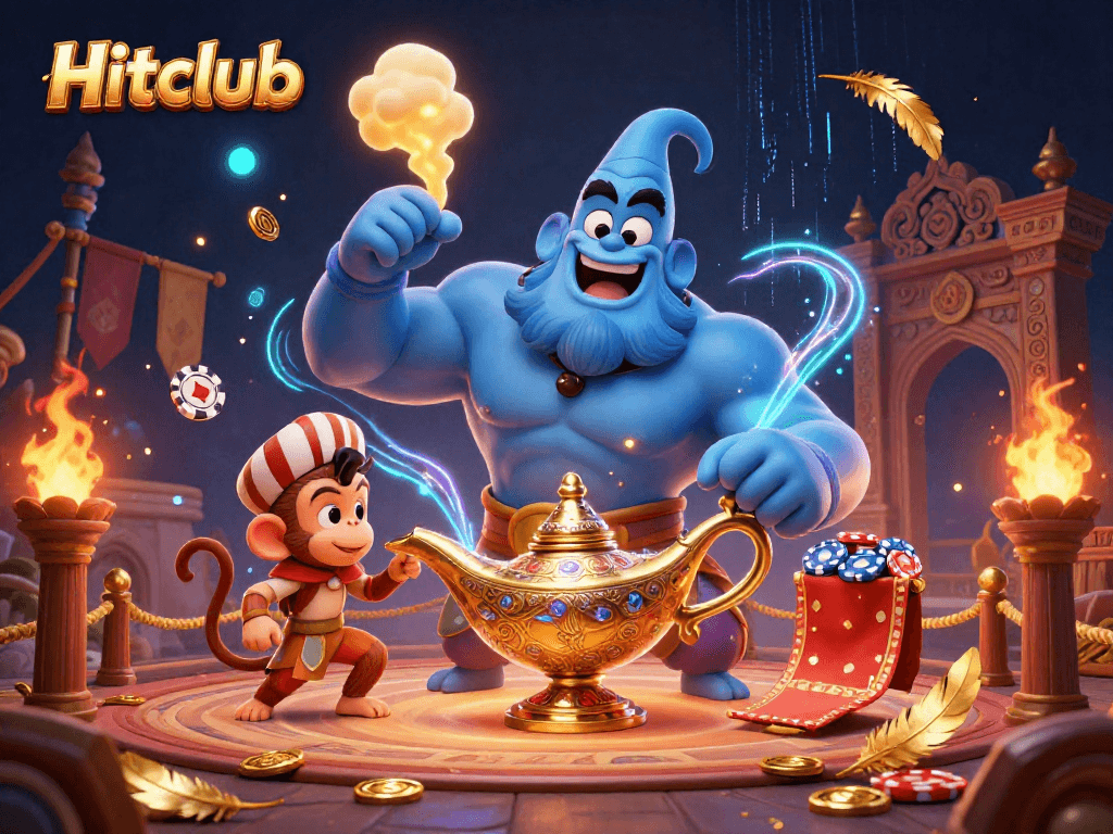 Engage with Hitclub's thrilling casino experience featuring a dynamic genie and poker chips.