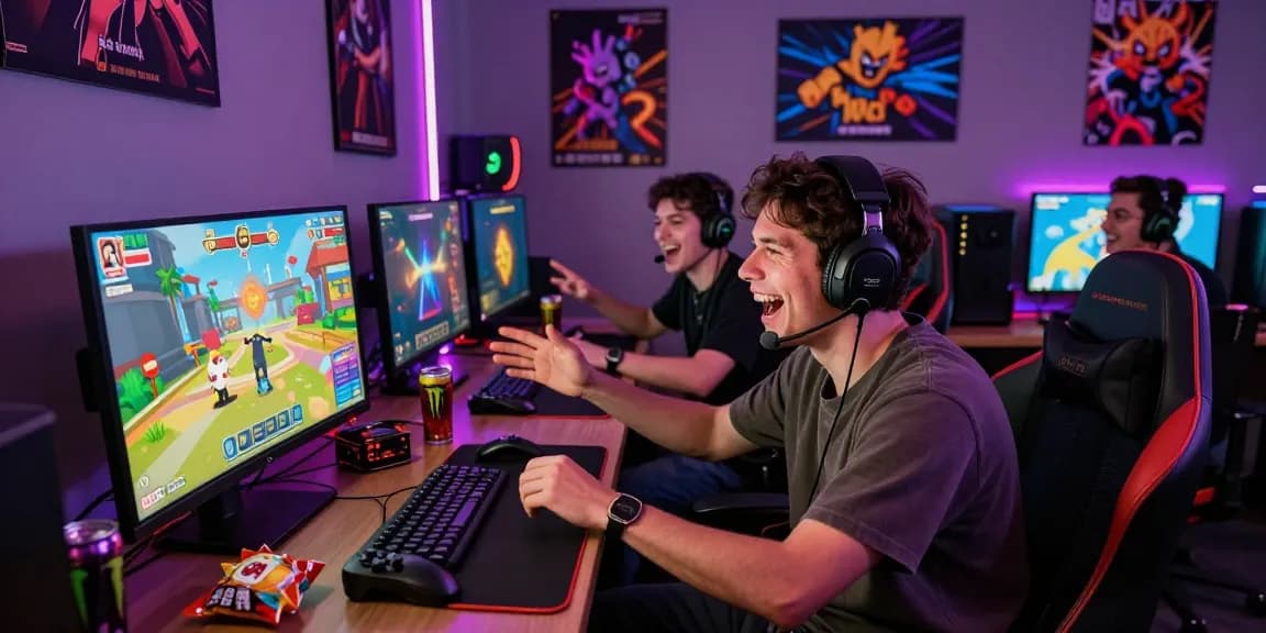 Friends enjoying a mind control porn-themed game in a vibrant gaming room, showcasing gaming excitement and engagement.