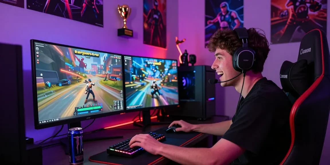 Penggemar game terjun4d memainkan komputer dengan headset gaming di ruangan gelap.