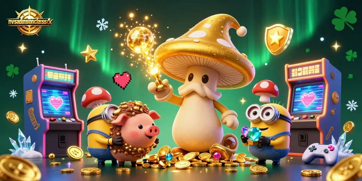 Engage with nvsadmissionclasssix's magical arcade scene featuring a wizard and treasure-hunting pig amidst a colorful casino.