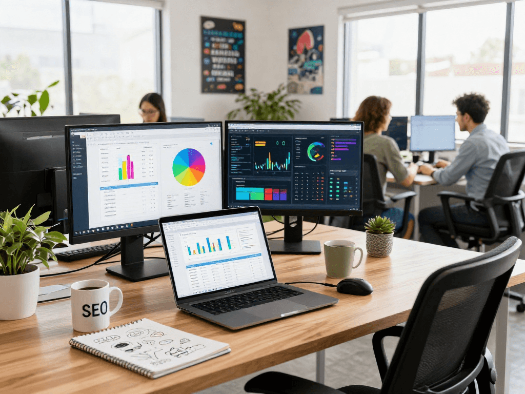 seanbowieforaz content strategist analyzing SEO metrics in a vibrant workspace