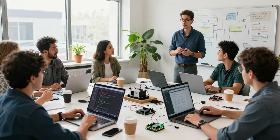 Team collaborating on software projects using slot technology in a modern office.