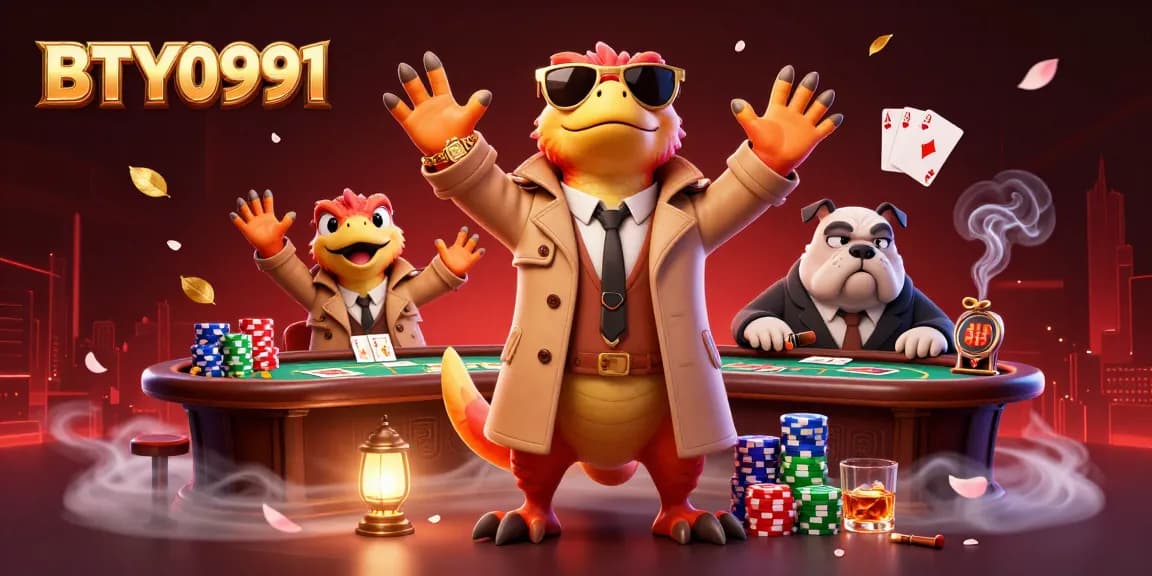 Engage in high-stakes poker at BTY0991 with raptors in disguise and a bulldog bouncer.