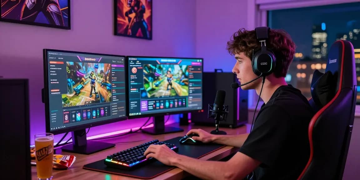 Engaged gamer focused on benihtoto game setup with vibrant gaming accessories and immersive atmosphere in a modern gaming room.