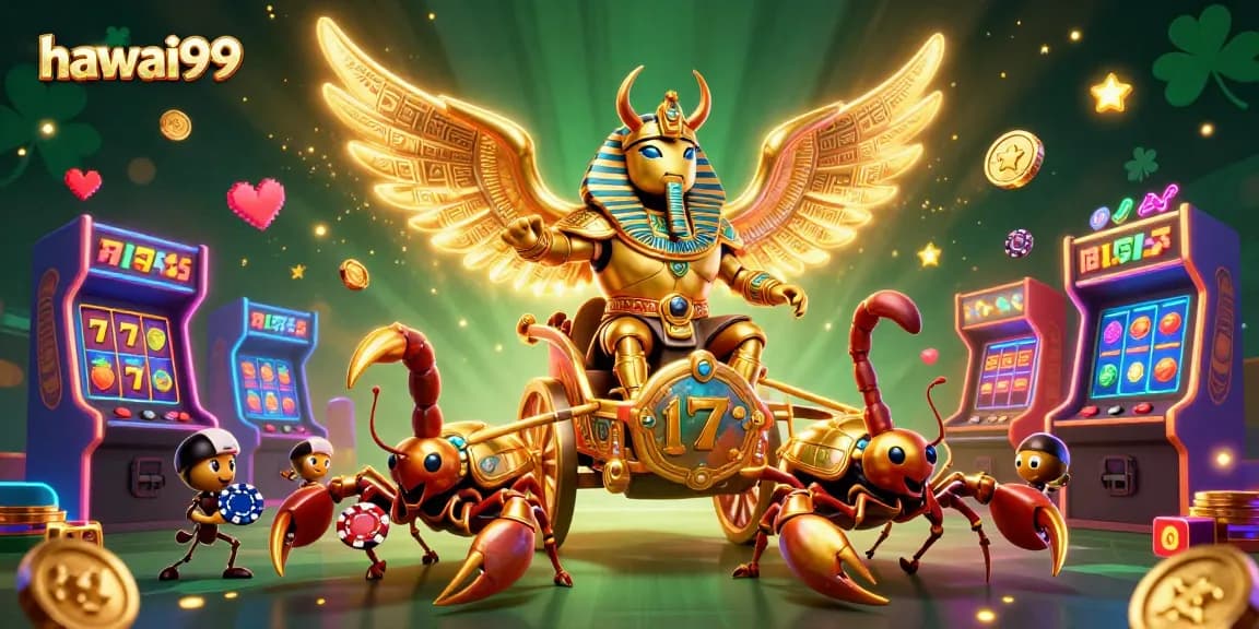 Hawai99 jackpot chase illustrated with vibrant scarab chariot and glowing slot elements