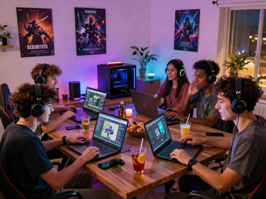 Excited gamers enjoying a KEBUNTOTO gaming session at home with vibrant setup.