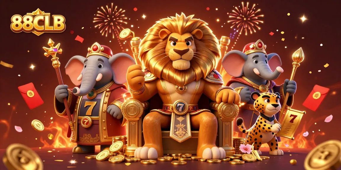 88CLB's fierce lion king leads a dynamic casino celebration filled with vibrant slot and jackpot elements.