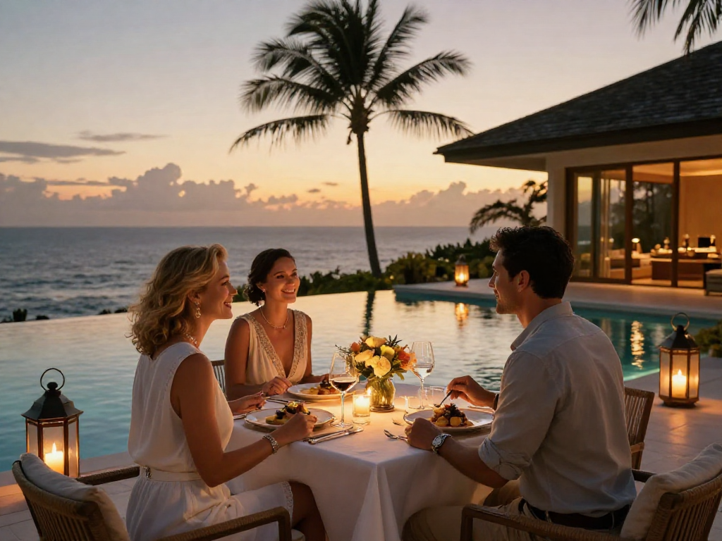 Momen makan malam mewah LUXURY111 di teras pribadi dengan pemandangan lautan.