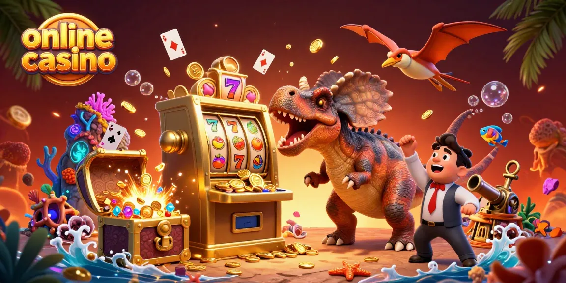 Experience an exciting online casino scene with a dinosaur and slot machine winning coins.