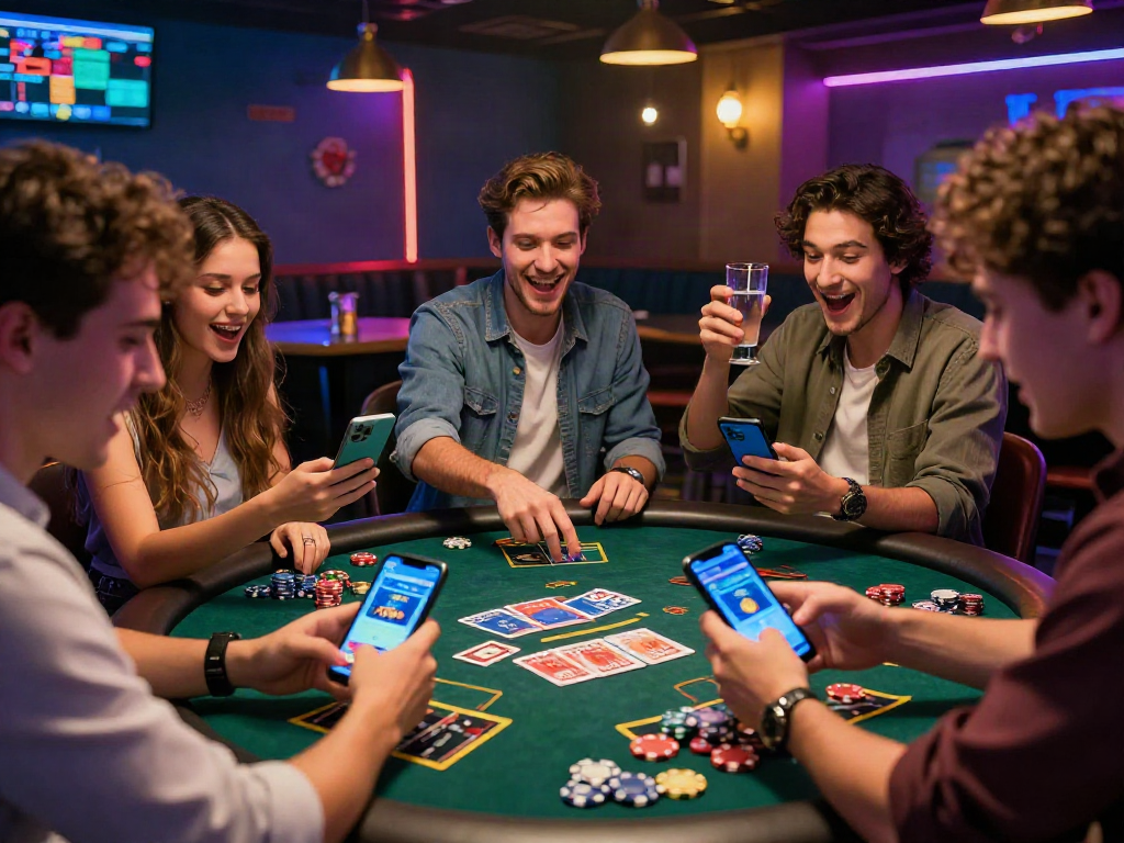 Friends enjoying a lively betting experience using the ALO88 app in a vibrant gaming lounge.