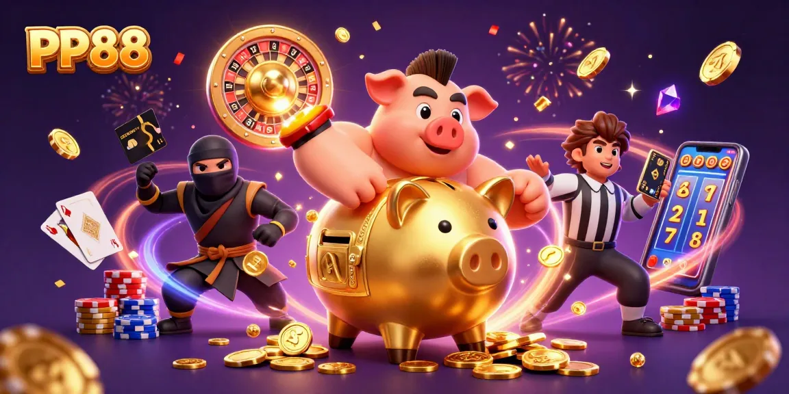 Engage with dynamic gaming action at PP88 as golden coins rain from a cartoon sumo wrestler surrounded by vibrant casino elements.