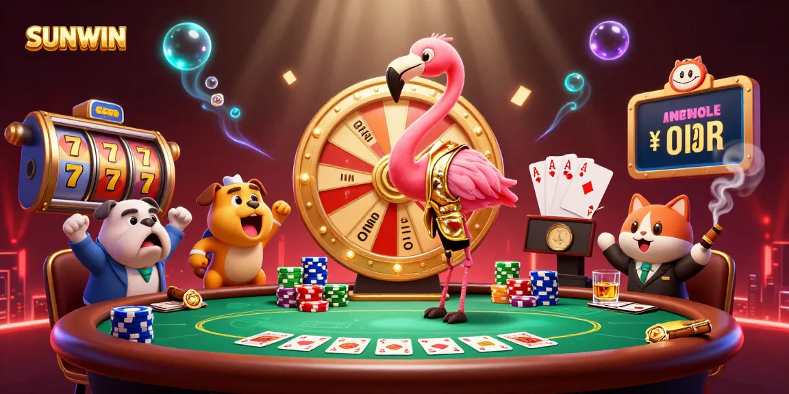 SUNWIN presents a vibrant scene with flamingo host, bulldog contestant, and cat assistant at a dazzling casino prize wheel.