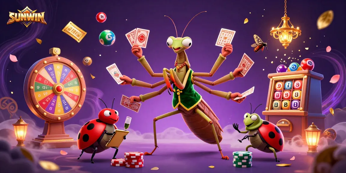 SUNWIN's vibrant casino scene showcases the giant mantis card sharp and ladybug pit boss amidst lottery balls and golden tickets.