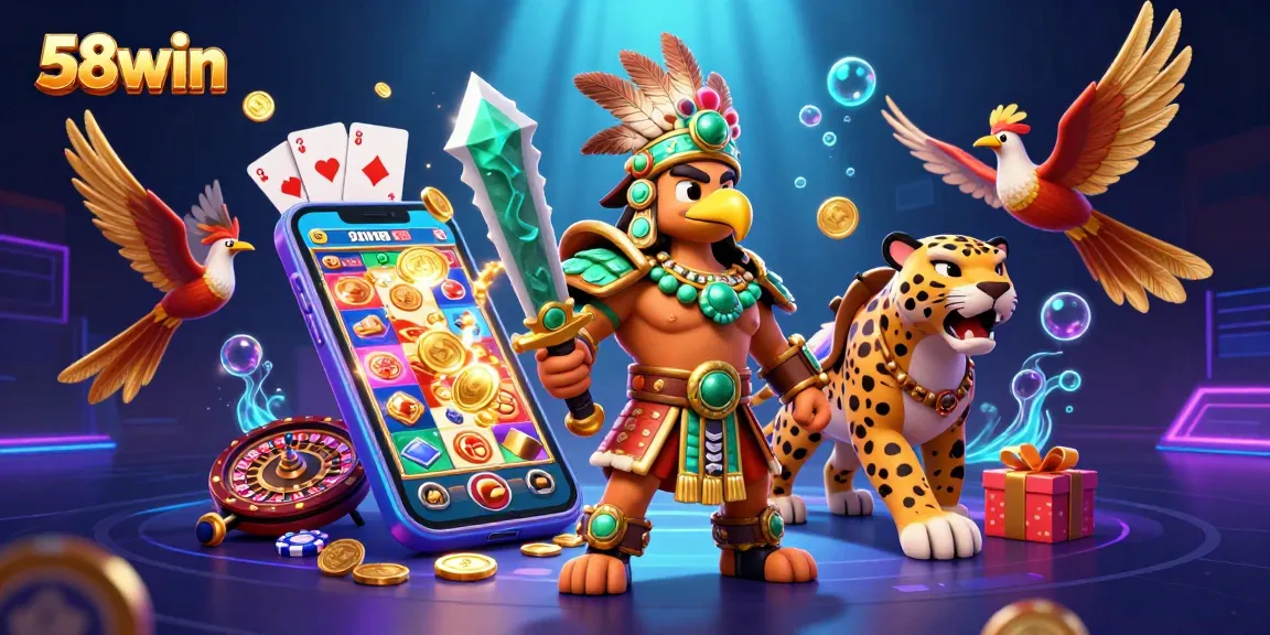 Experience thrilling gaming action with 58win as vibrant characters immerse into casino slots.