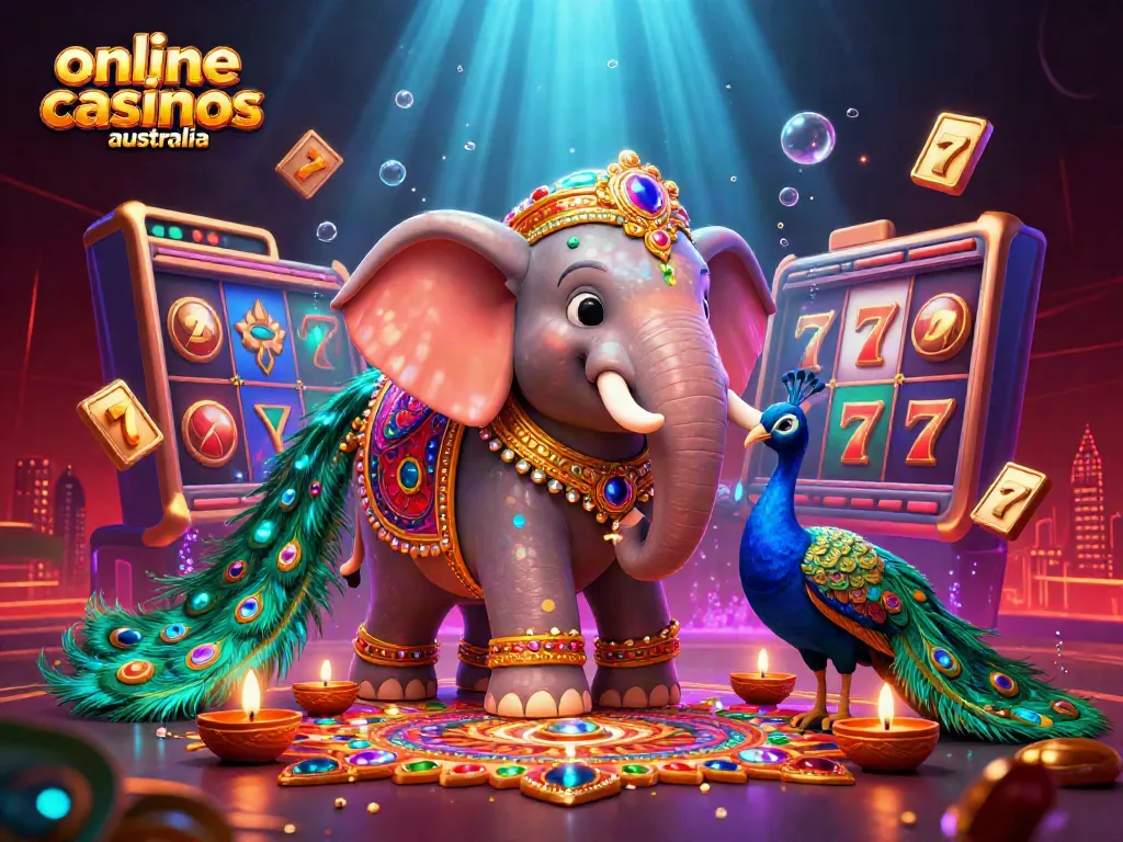 Experience dynamic gameplay at online casinos Australia featuring vibrant slot symbols and lavish decorations.