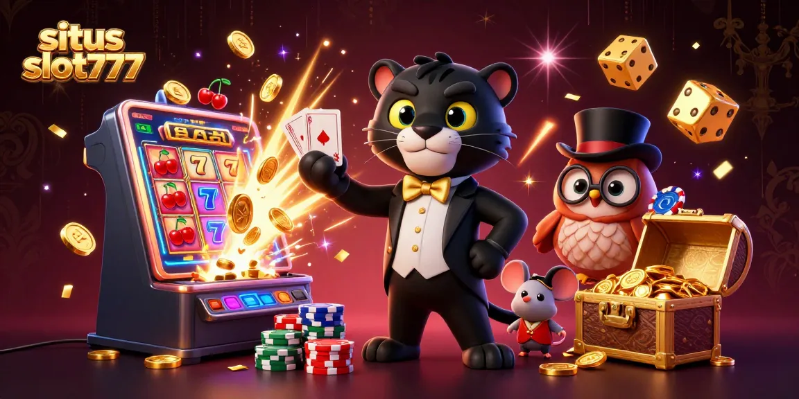 Situs slot777 showcases a stylish panther dealing cards along with an owl and lucky mouse in a vibrant jackpot scene.