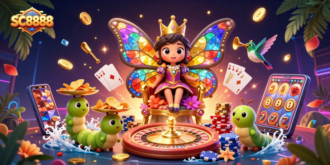 Experience thrilling casino action with SC8888's vibrant butterfly queen amidst cascading coins and dazzling games.