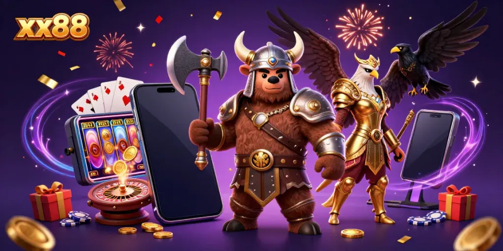 Engage with xx88 in this thrilling 3D cartoon casino scene featuring a Viking berserker, Valkyrie eagle, and immersive gaming elements.