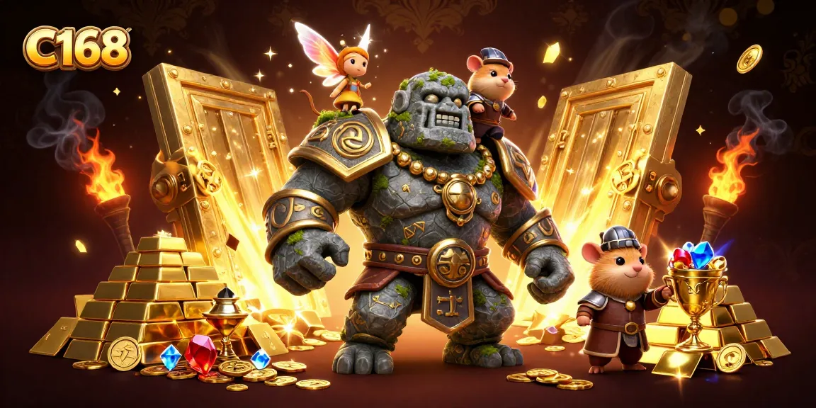 C168 offers exhilarating gaming experiences, featuring a dynamic scene with a golem guardian and magical elements.