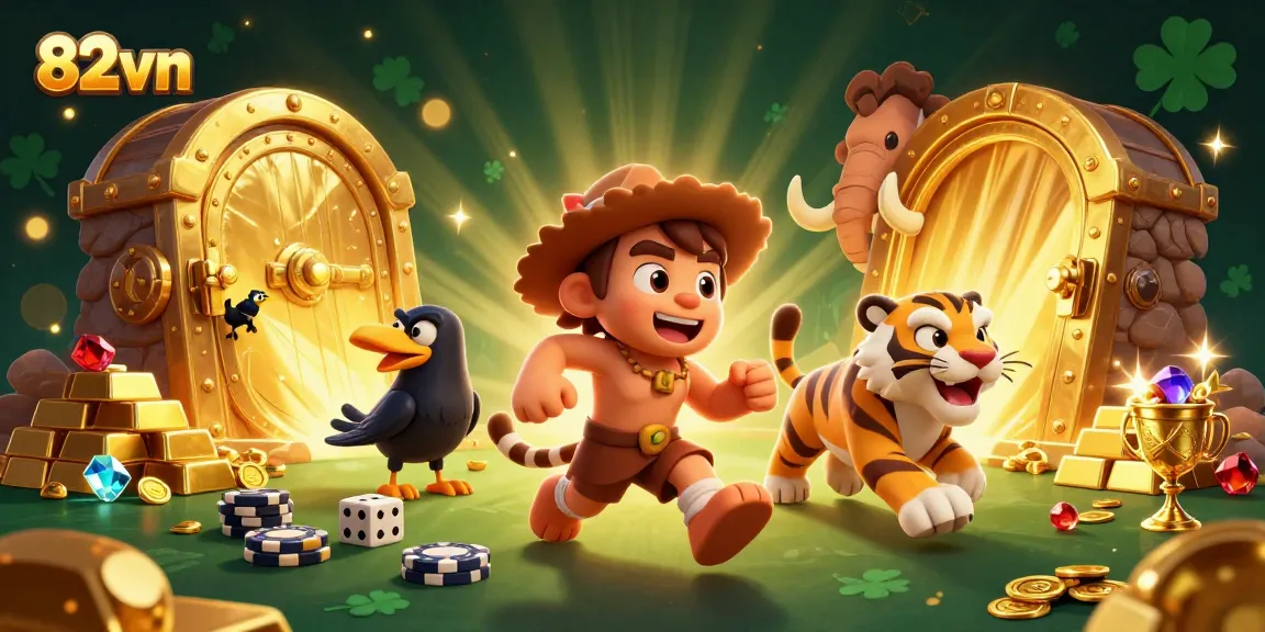 Engage in exciting gameplay at 82vn's dynamic prehistoric casino, featuring stone poker chips and golden treasures.