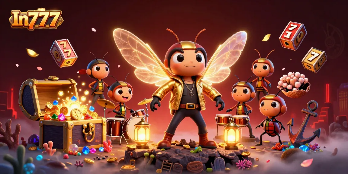 Engage in the vibrant scene of In777 with a rock star cicada, beetle drummer, and dynamic casino elements.