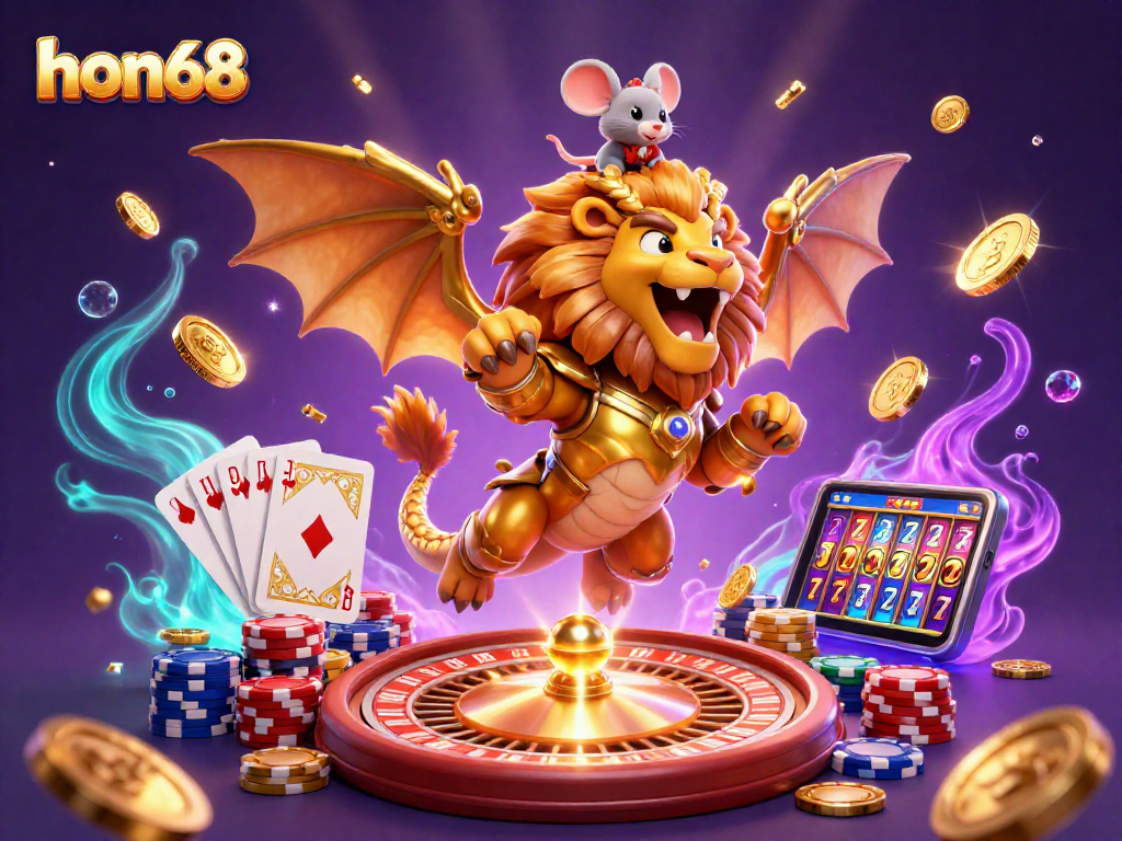 Experience epic gaming with hon68's vibrant and colorful casino scene featuring dynamic characters and elements.