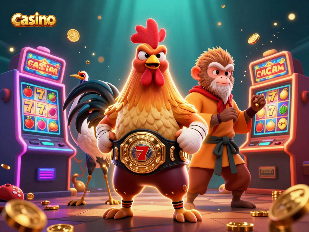 Engaging casino illustration showcasing a Muay Thai rooster, a Shaolin monkey, and a crane master amid vibrant slot machines.