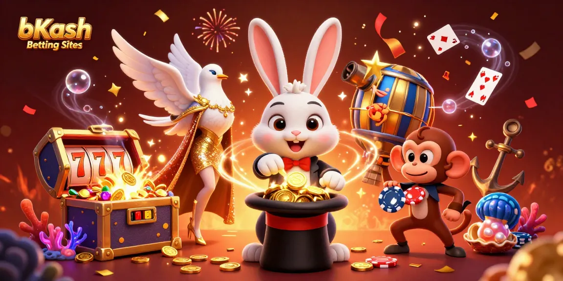 Engage with bKash Betting Sites in this vibrant scene featuring a magician rabbit, a dove, and a monkey amidst casino elements.