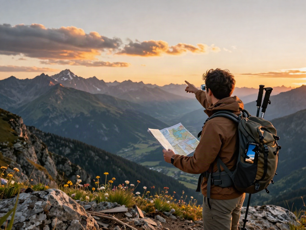 Adventurer at a mountain viewpoint with a map, emphasizing slot qris 5000 in travel context.