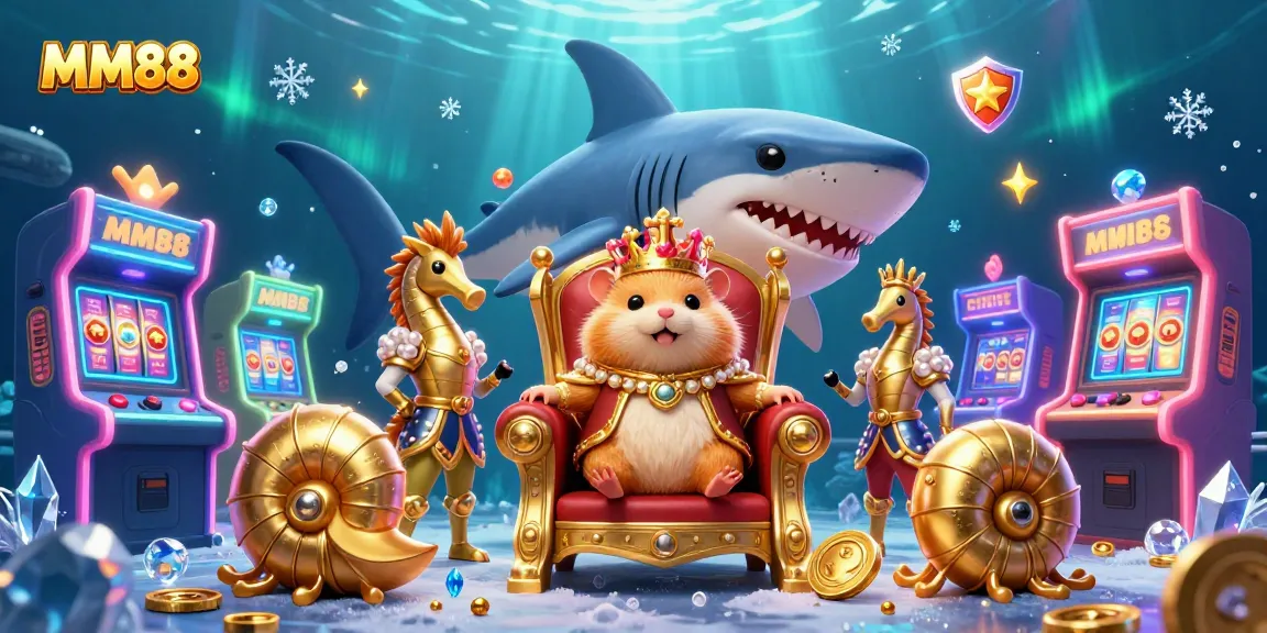 Experience MM88's thrilling gaming world with a golden hamster king and seahorse guards amidst exciting slot elements.