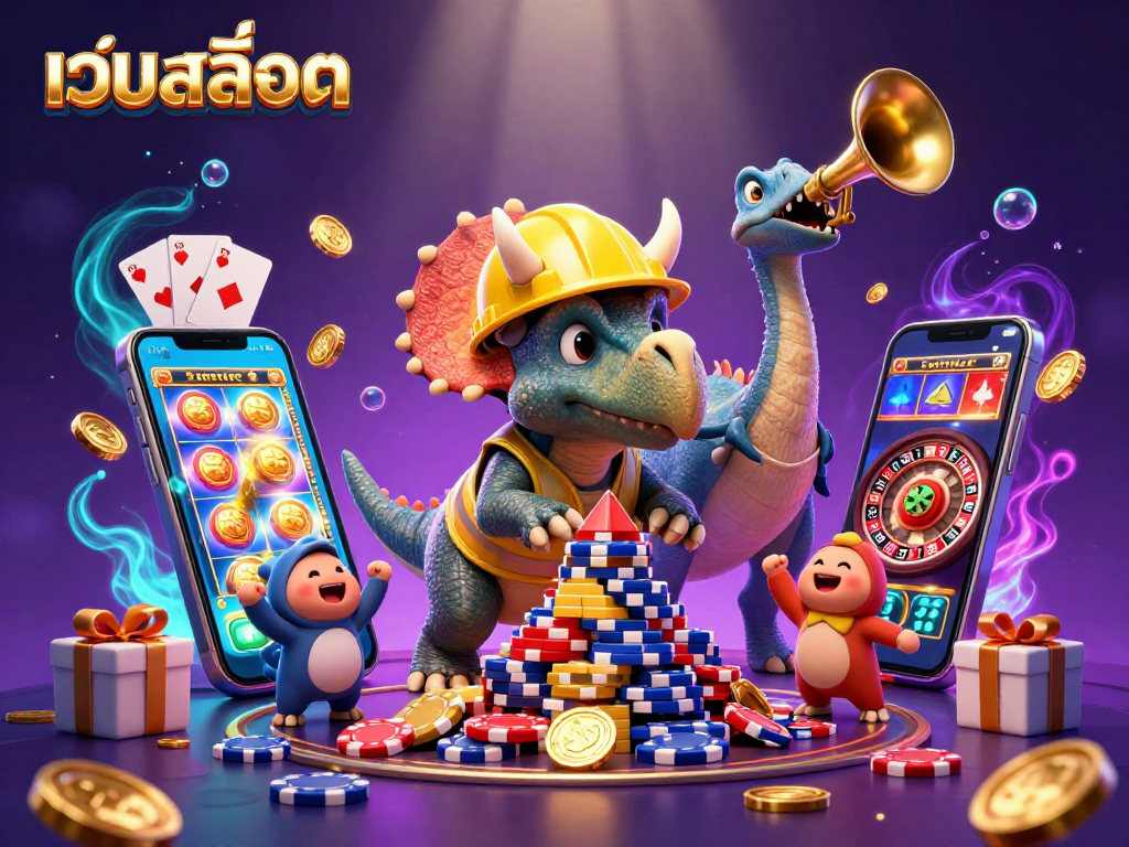 Engage with เว็บสล็อต featuring a vibrant triceratops building poker chip towers, celebrating wins.