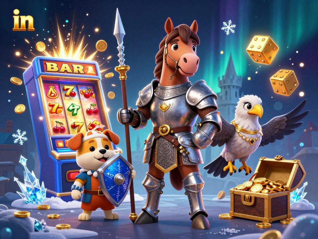 Spin and win on the 3D slot machine surrounded by colorful casino elements in this illustration.
