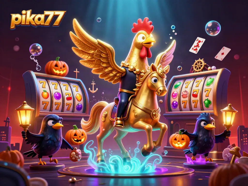 Pika77 offers an exciting casino experience with dynamic gaming characters in a rich slot-filled scene.