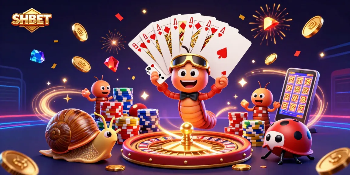Engage with SHBET in a vibrant, 3D casino scene featuring animated characters and dynamic game elements.