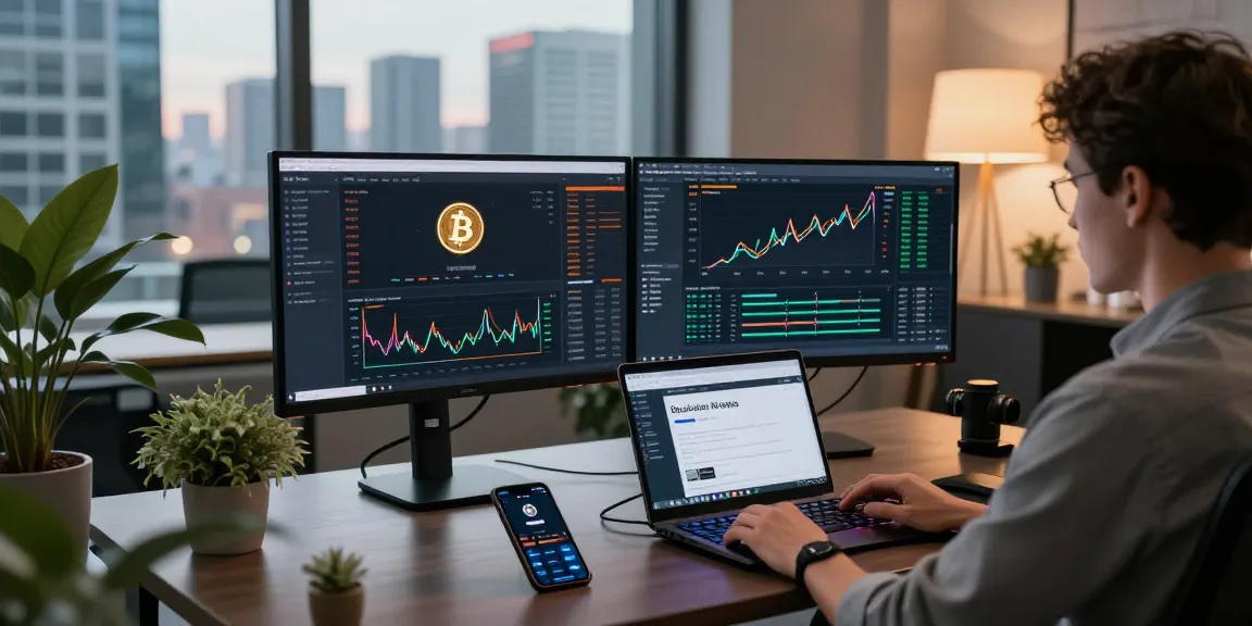 Play exchange trading environment showcasing Bitcoin analytics on dual monitors, digital wallet access, and a modern ergonomic workspace.