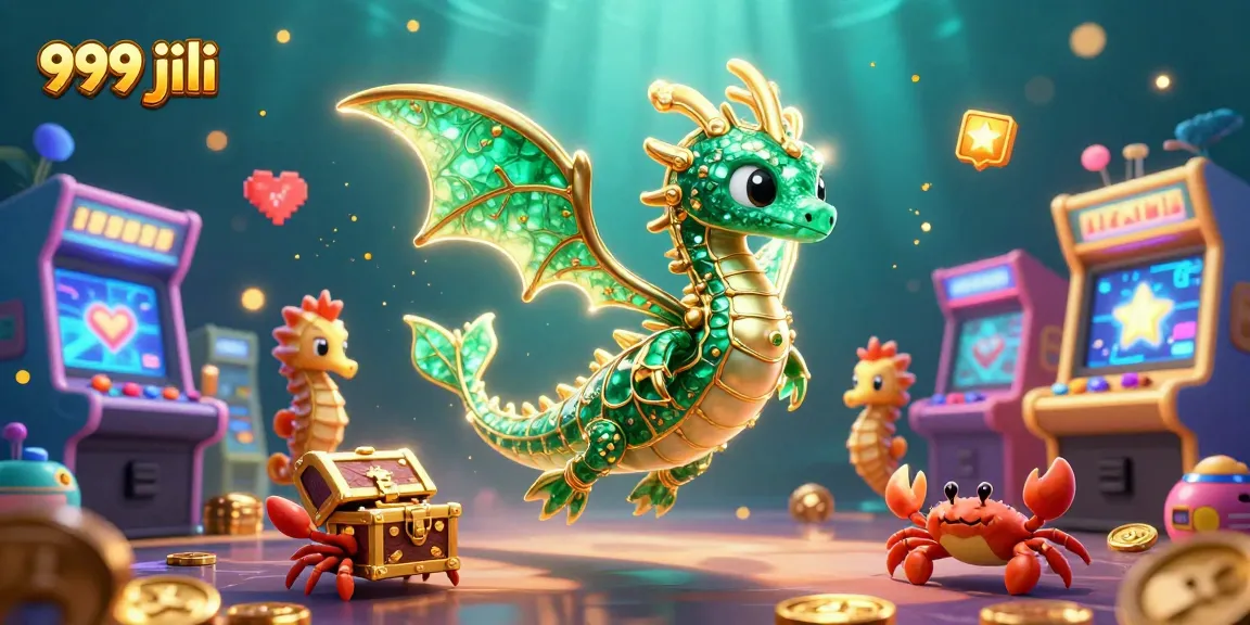 Engage with vibrant 999 jili gaming action featuring an emerald dragon, seahorse guards, and arcade machines.