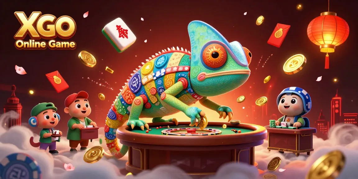 Xgo Online Game illustration showcasing a colorful chameleon casino owner surrounded by engaging gaming elements, celebrating mobile casino action.